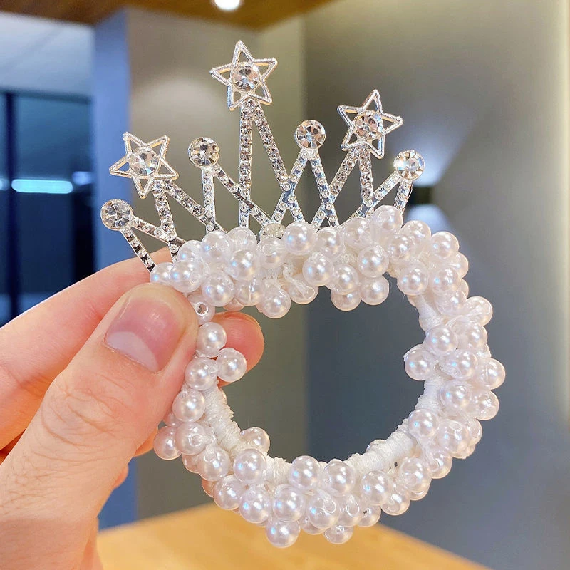 Children's Hair Summer Crown Ring Girl Elastic Hair Bands Scrunchies Rubber Band Pearl Kids Hair Ties Hair Accessories smile