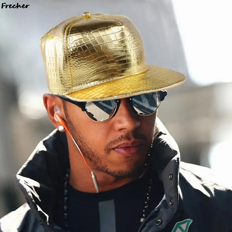 Leather Hip Hop Bright Hats Women Men Rock Baseball Cap Spring Winter Sun Hat Crocodile Pattern Trucker Hat Gold Snapback Gorras smile