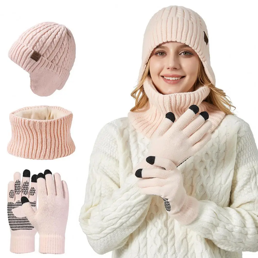Hat Screen Skull Touch Mittens Circle ddmysmile Scarves 3Pcs Winter Fleece Lining Hat Scarf Gloves Set For Men Women Touch Screen Mittens Smile
