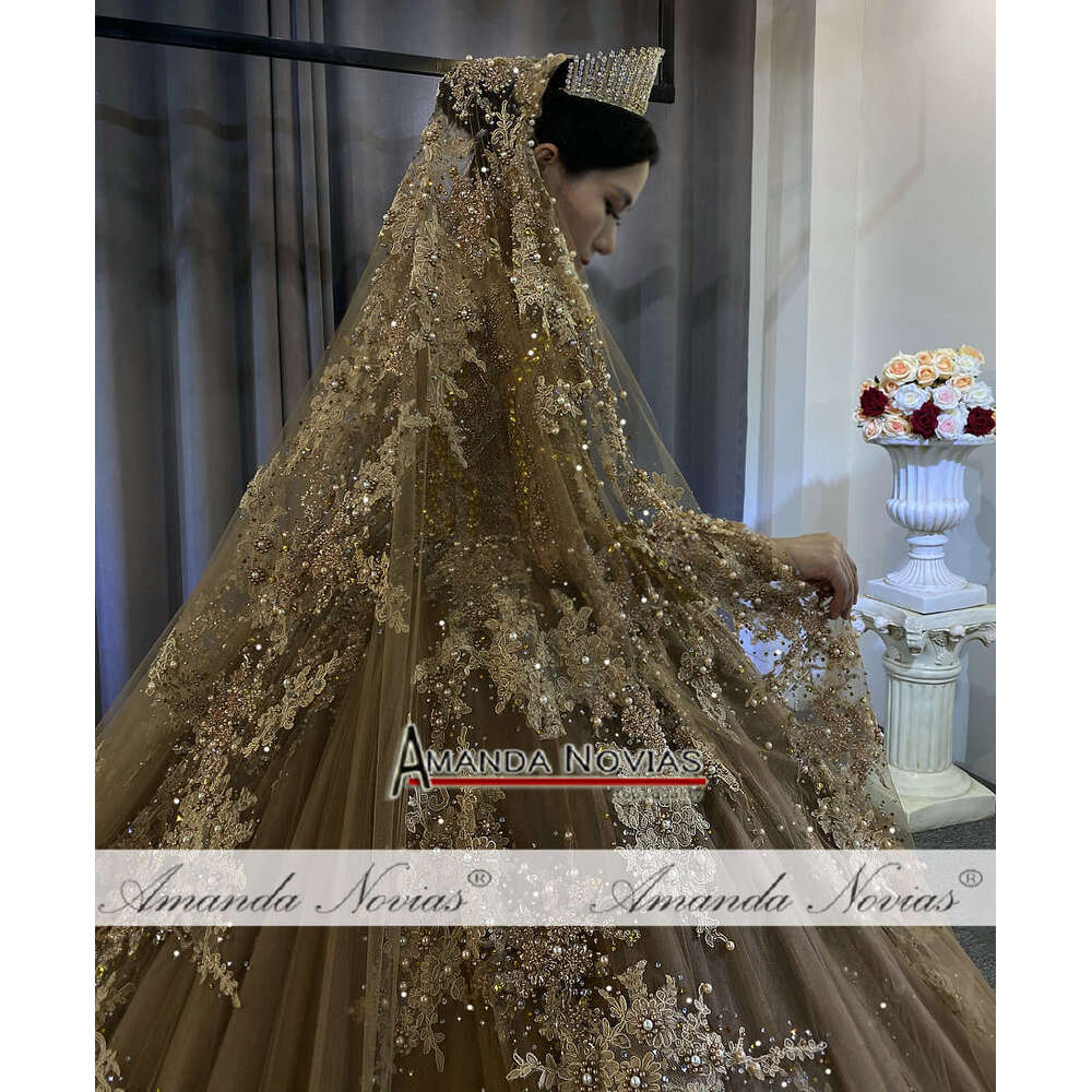 Customized Champagne Color Wedding Dress Full Beading With Lace Veil