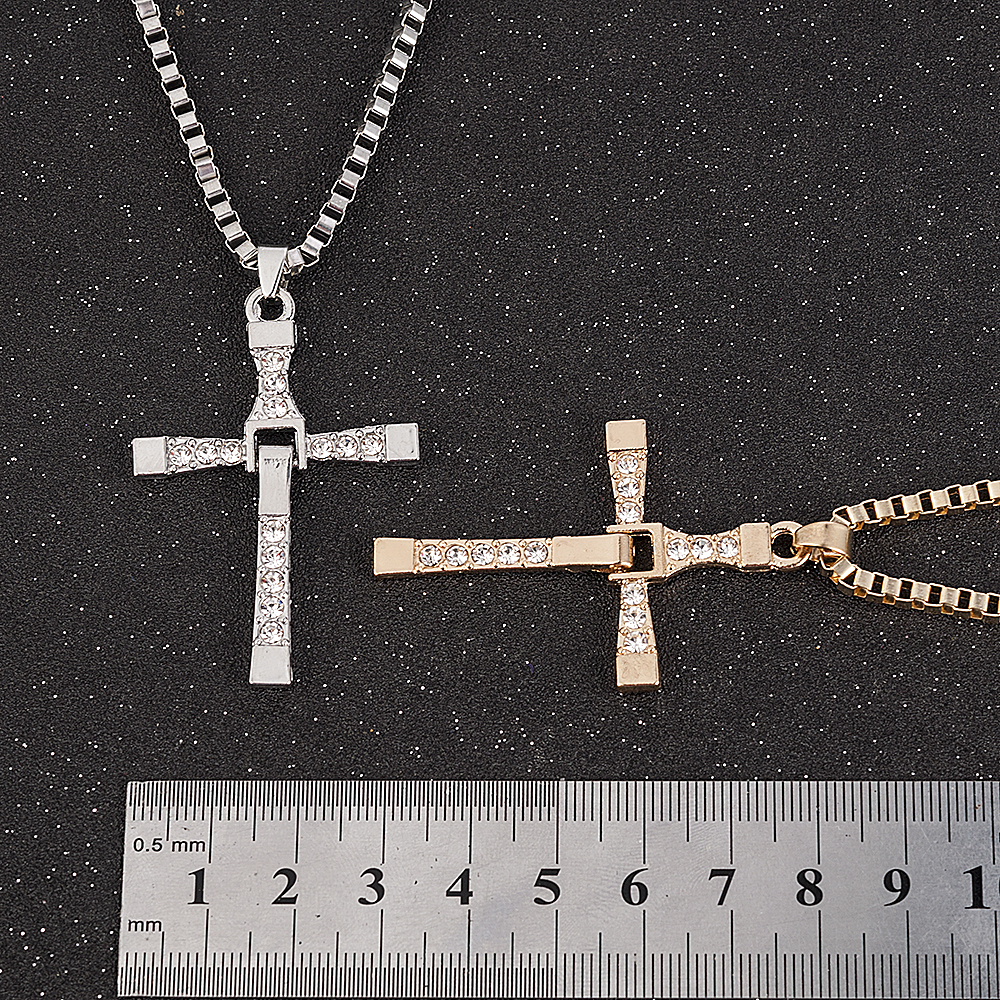 Fast and Furious Movies Actor Dominic Toretto Rhinestone Cross Crystal Pendant Chain Necklace Men Jewelry
