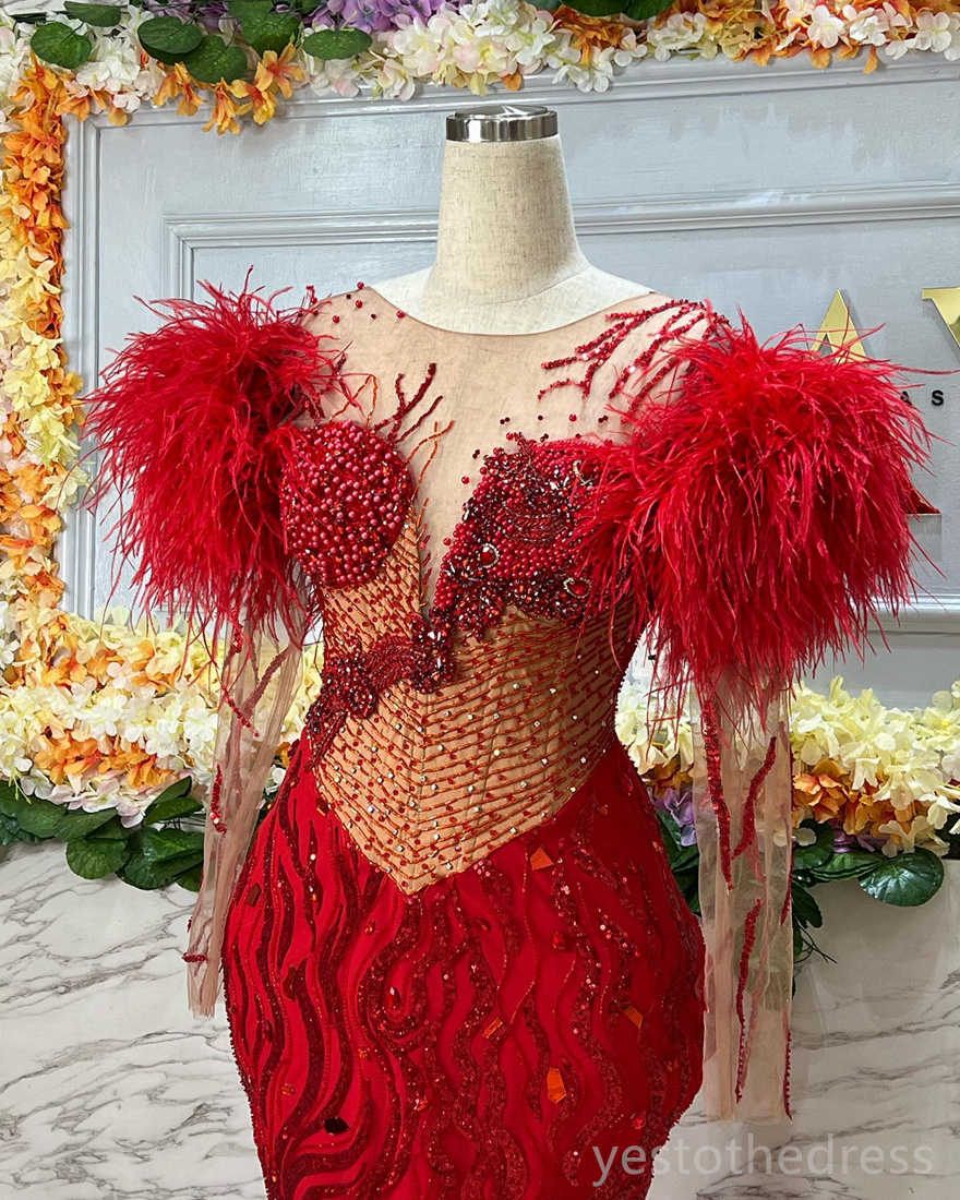 2024 Plus Size Aso Ebi Prom Dresses For Special Occasions Feathered Illusion Long Sleeves Beaded Lace Pearls Birthday Gowns Reception Anniversary Part