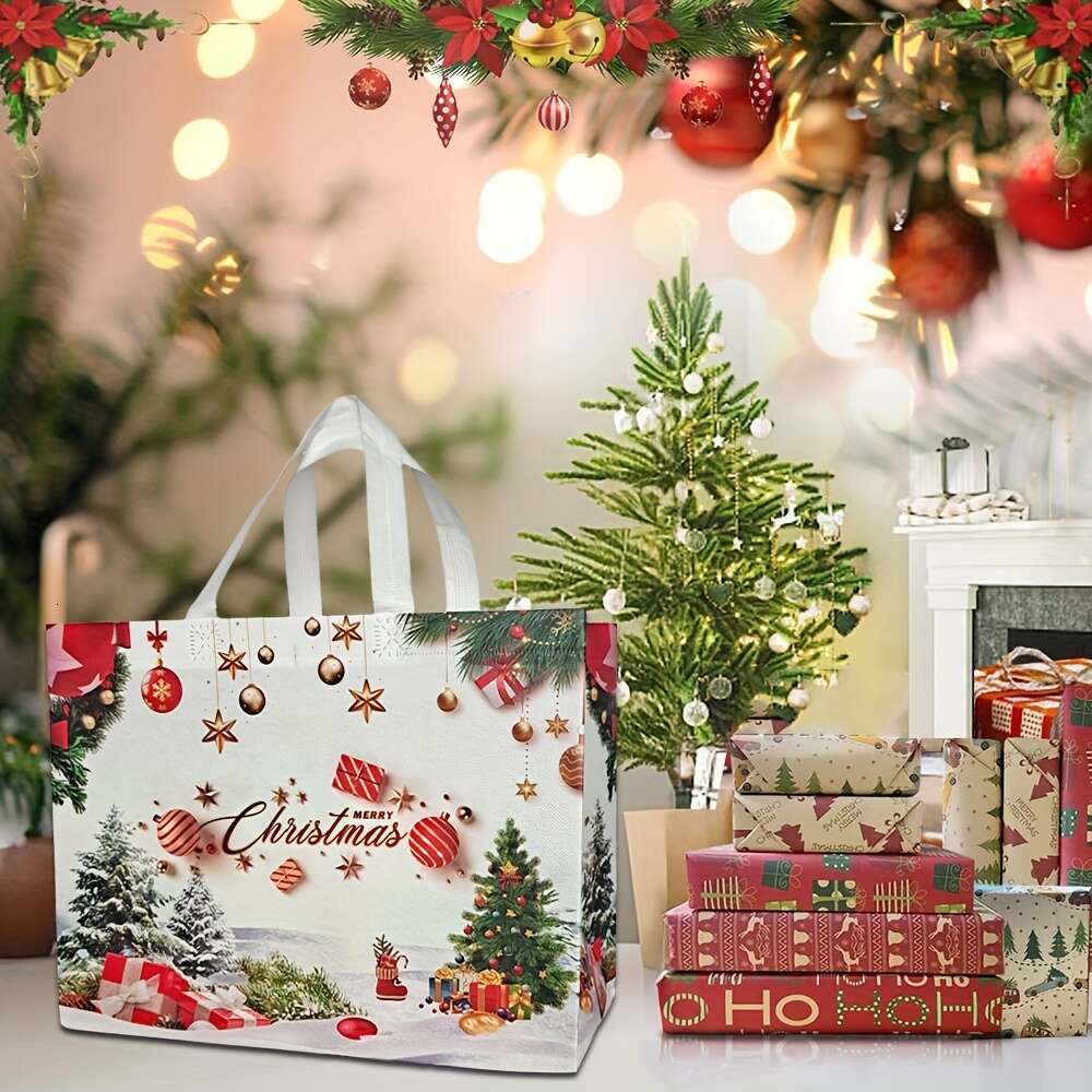 Christmas Set of 8 Christmas Reusable Shopping Totes Non-Woven Shatterproof Rectangle Gift Bags with Handles for Wrapping