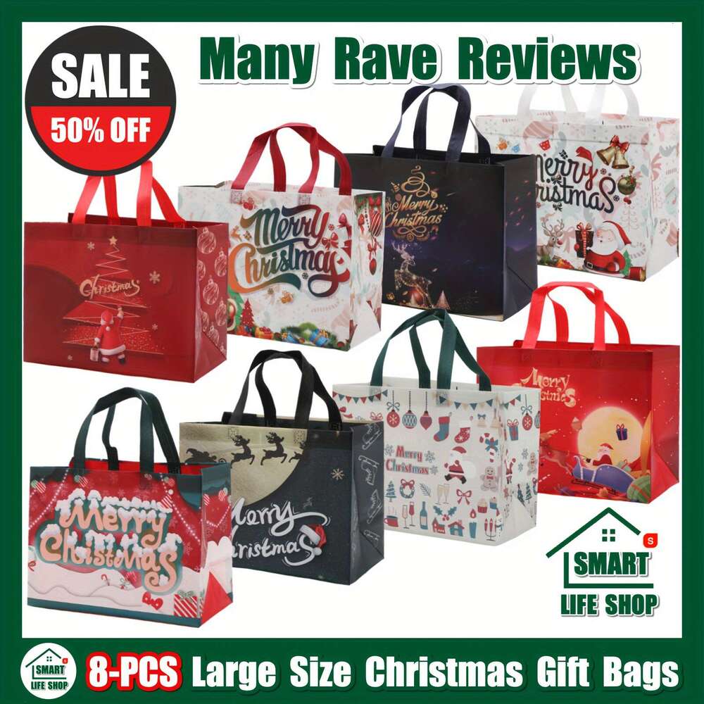 Christmas 8pcs Christmas Gift Bag Set - Reusable Non-Woven Tote Bags with Handles, Perfect for Holiday Presents & Party Favors, Black/Red/White