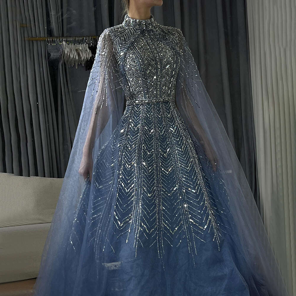 Blue Serene Hill Beaded Design A E Saudi Arabic Evening Dresses Gowns With Cape Sleeves For Ocn LA Customized Rabic Vening L 6660311