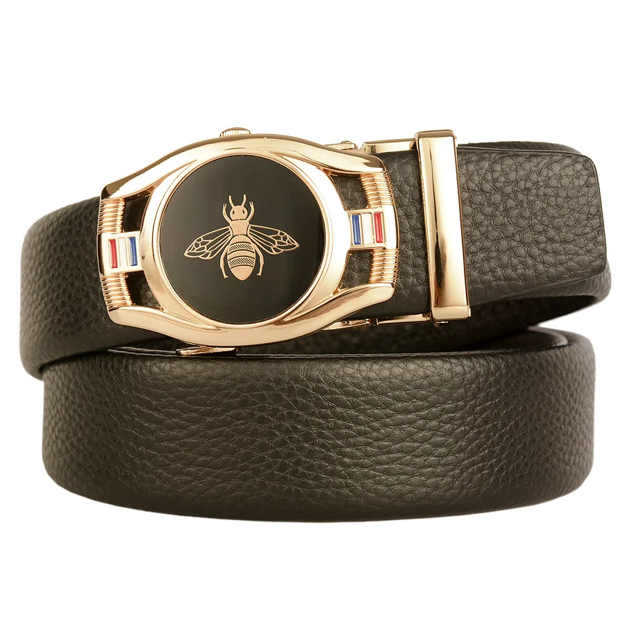 Buckle Brand Men Automatic Belt Genuine Leather Bee Pattern Male Belts Casual 3.5cm Width High Quality Cowhide Waistband smile