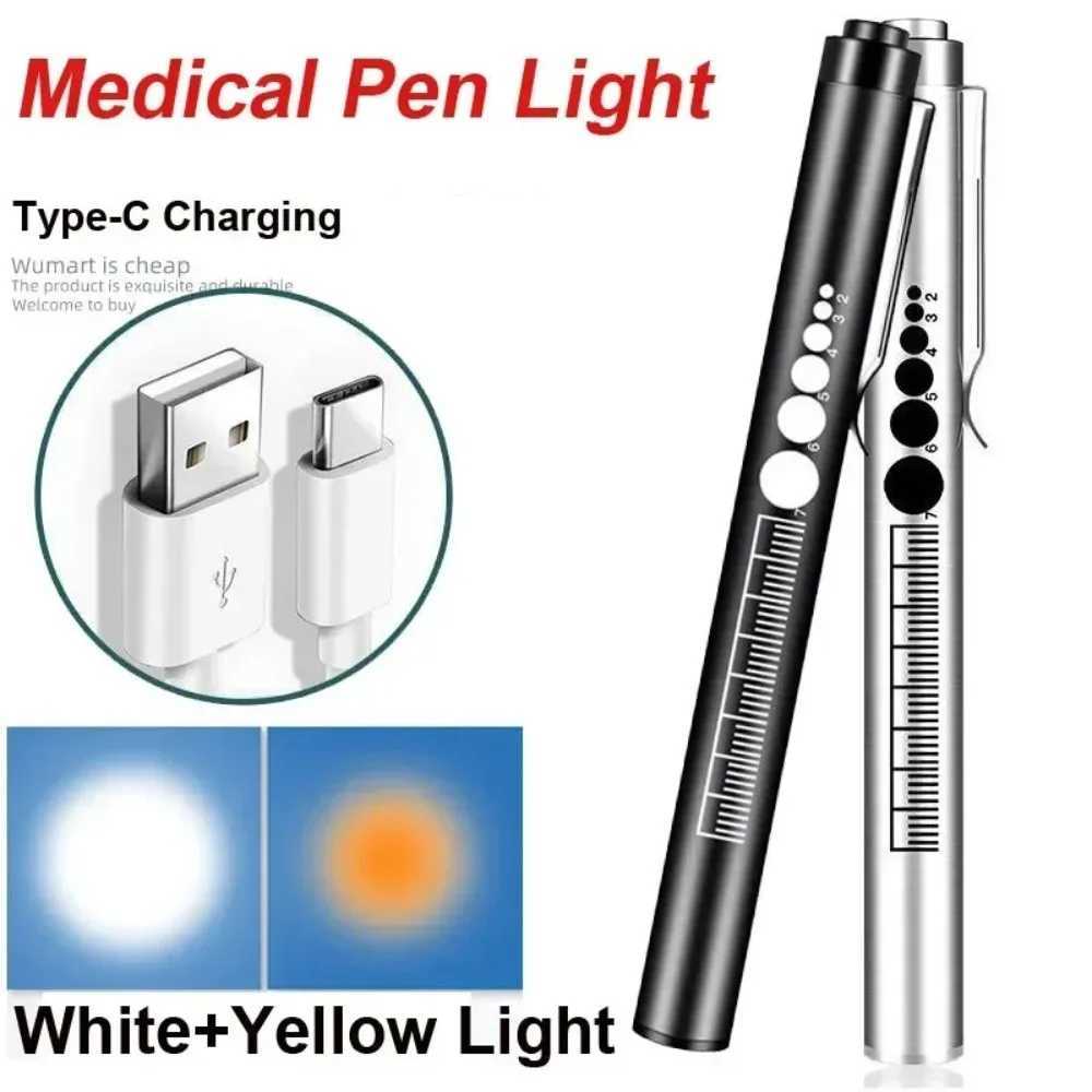 USB Rechargeable Portable Medical Penlight Emergency Flashlight Rechargeable 2 in 1 Pocket LED Pen Lights with Pupil GaugeLX241109