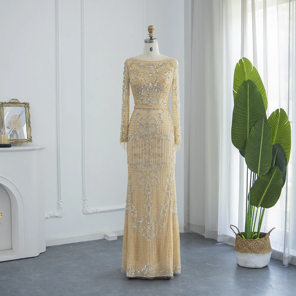 Sharon Said Beading Tassel Dubai Evening Dresses For Women Long Sleeve Muslim Formal Gowns Party Prom Dress Lz0304