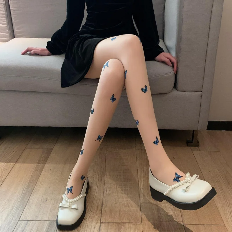 Tights Butterfly Blue Stocking Women Leggings Lolita Hollowed Out Mesh Stockings Bottomed Lace Pantyhose Floral Long Silk Socks smile