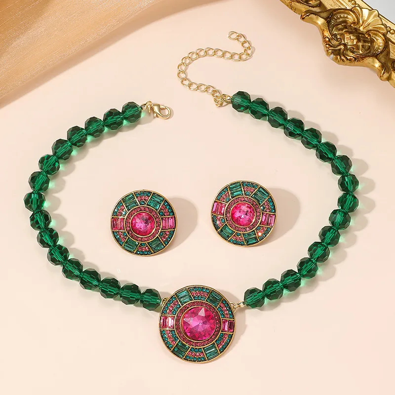 Jewelry Two-Piece Sets Women ddmysmile Rhinestone Round Earrings Necklace Set Retro Light Emerald Exaggerated Accessories Smile