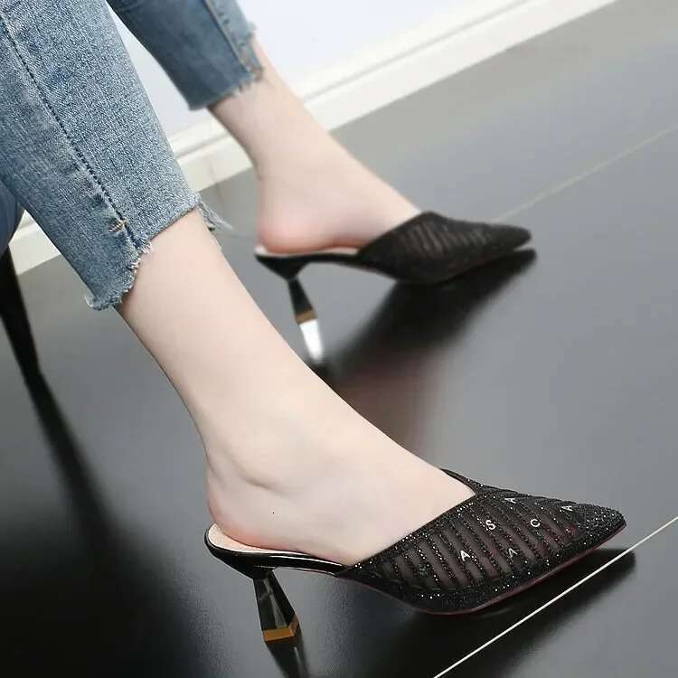 2025 Mesh Slippers New Summer Women Fashion Pointed Slides Spike Beige Mules Shoes High Heels 42