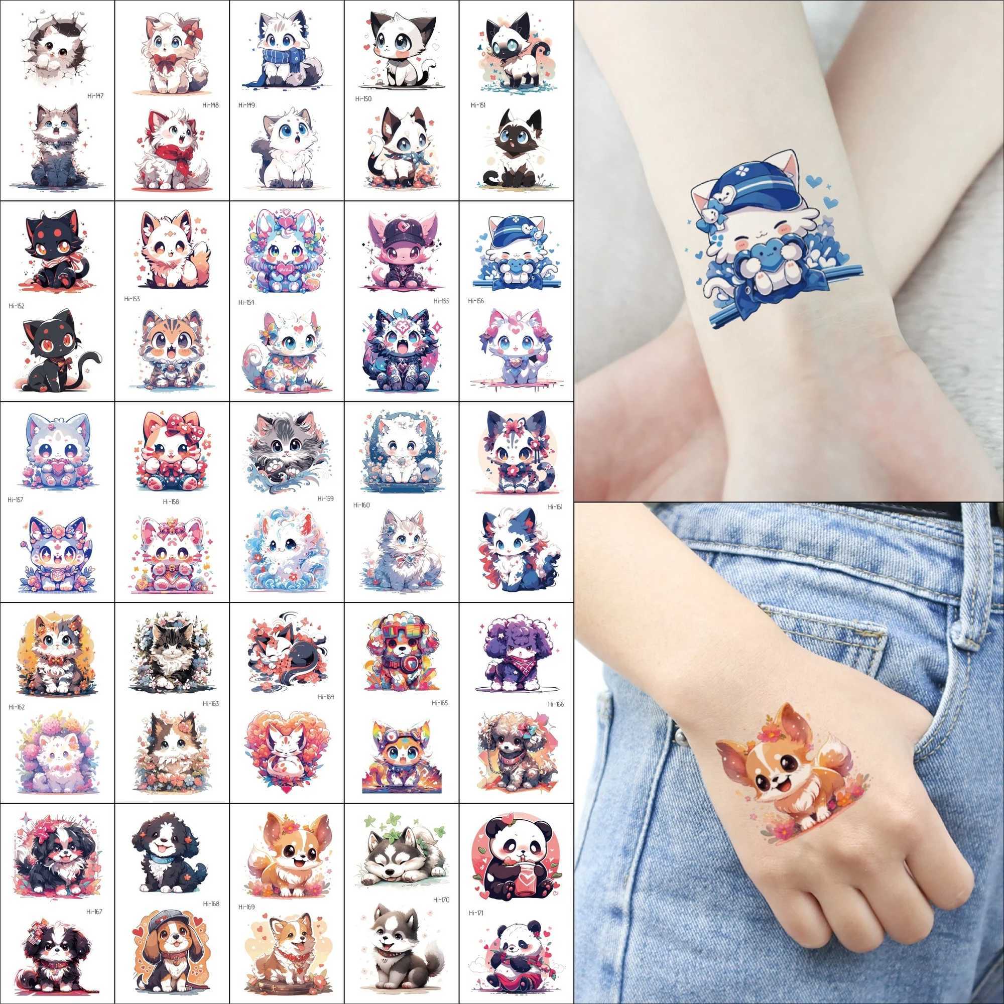 25 blue glowing tattoo stickers cartoon cute cats dogs pandas foxes pets temporary tattoos watercolor fake tattoos W241109