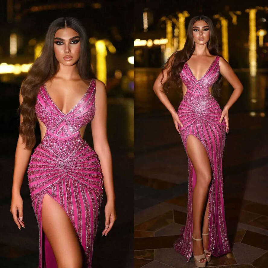 Evening Bg Mermaid V Neck Sequins Beads Split Hollow Out Sleeveless Prom Gown Party Dress Vestido De Noite Custom Made