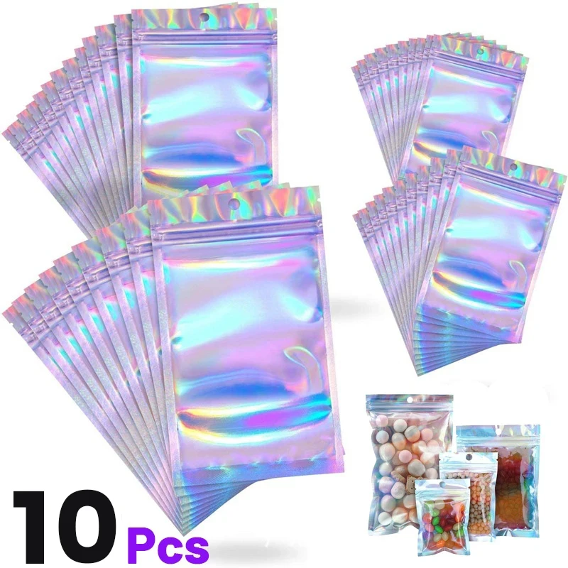 Self-Sealing Laser ddmysmile Small 10Pcs Plastic Bags For Jewelry Pouch With Clear Display Window Jewelry Packaging Gift Storage Bag Smile