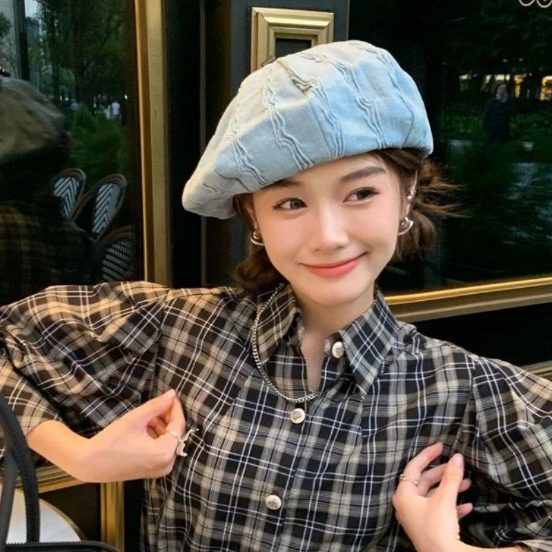 Niche Y2k Pleated Women's Denim Beret Big Head Circumference Japanese Painter Cloud Hat ddmysmile Washed Denim Berets Smile