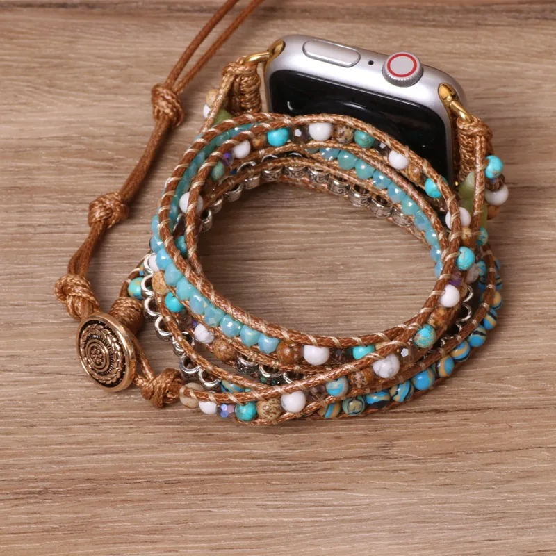 Band Watch Bohemia Smart Natural Stone Leather Wrap Bracelet for Women Men 7Chakra Handmade Woven for iwatch Band Charm Jewelry smile