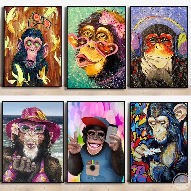 Gorilla Graffiti Art Funny ddmysmile Monkey With Headphones Poster Animal Canvas Painting For Living Room Bedroom Wall Art Decor No Frame Smile