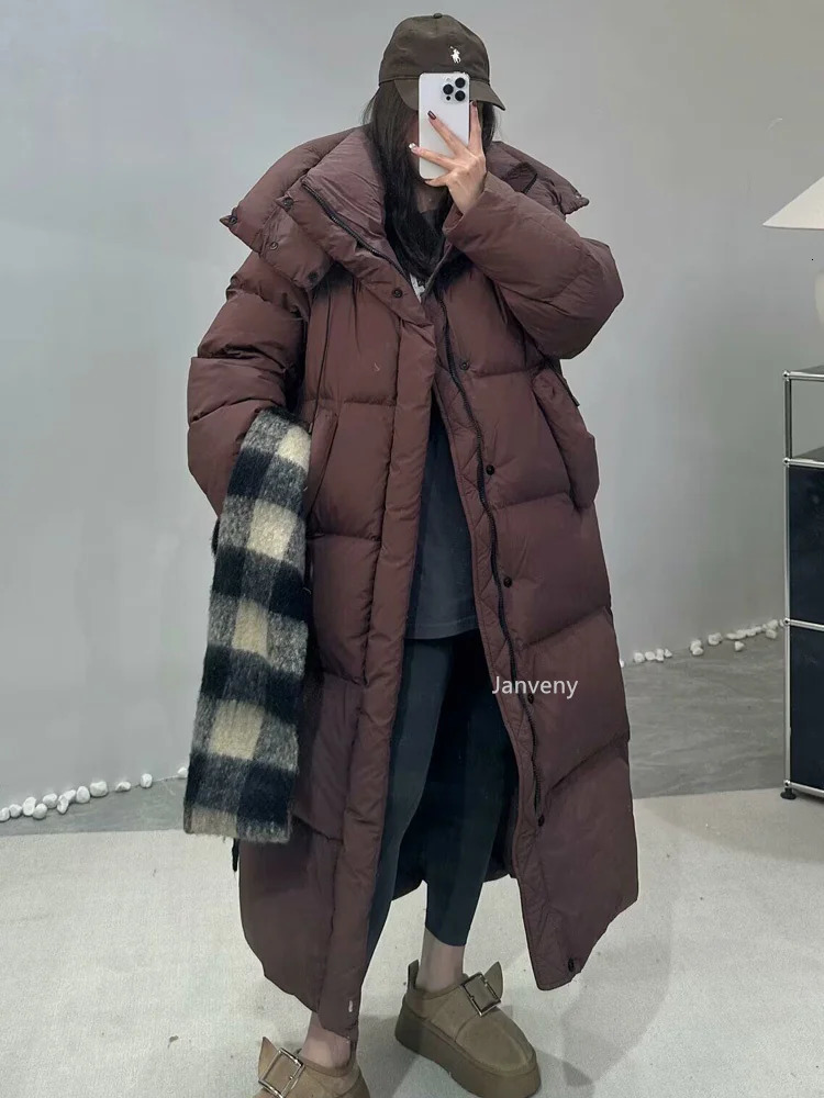 Janveny womens down jacket Korean loose hooded thick warm long duck down jacket winter inflatable jacket suitable for womens park jacket 241108