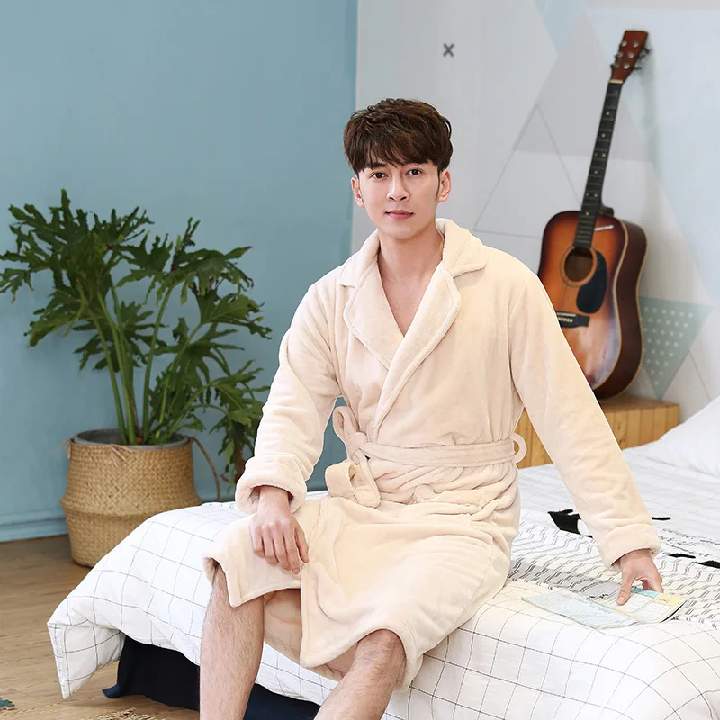Flannel Kimono Robe Gown Lapel Men Sleepwear With Belt Winter Warm Lingerie Oversized Nightwear Long Sleeve Home Dressing Gown