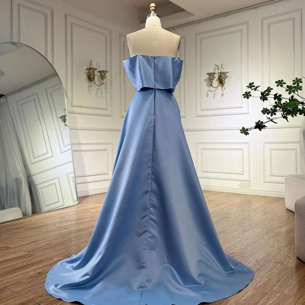 Blue Serene Hill Satin Simple High Split Mermaid Boat Neck Beaded Evening Dresses Gowns For Women Party LA Customized