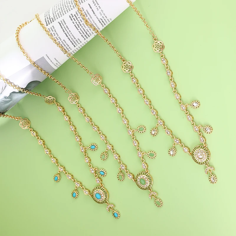 Eardrop Gold Color Necklace Arab Wedding Caftan Accessories Gift Moroccan Bride Crystal Hair Earrings Jewelry Set Round Design smile