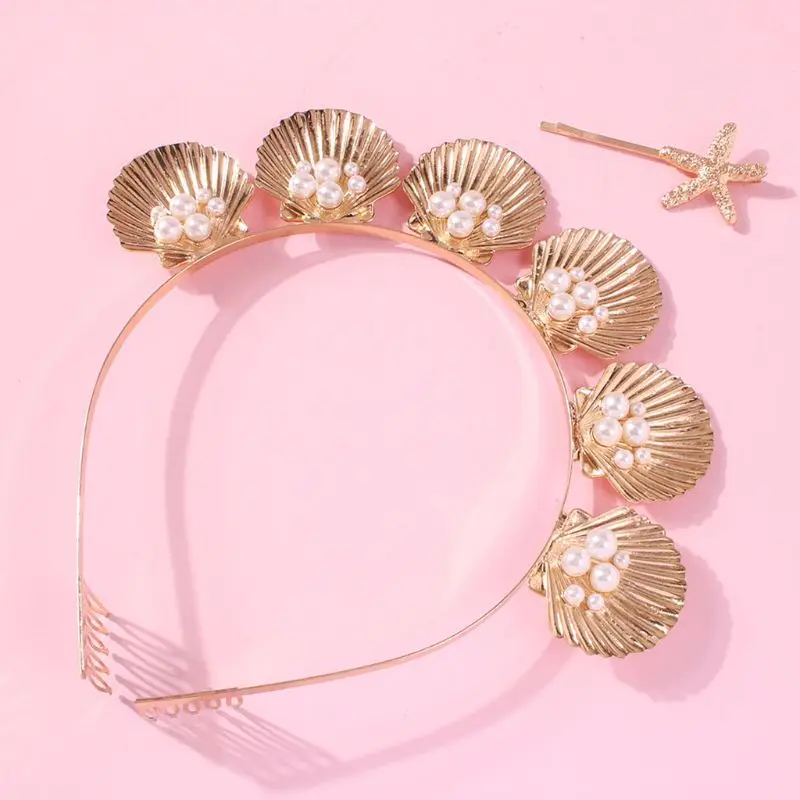 Style Golden for Marine shell Tiara Crown with Comb Faux Pearl Beaded Wedding Br Drop Shipping smile