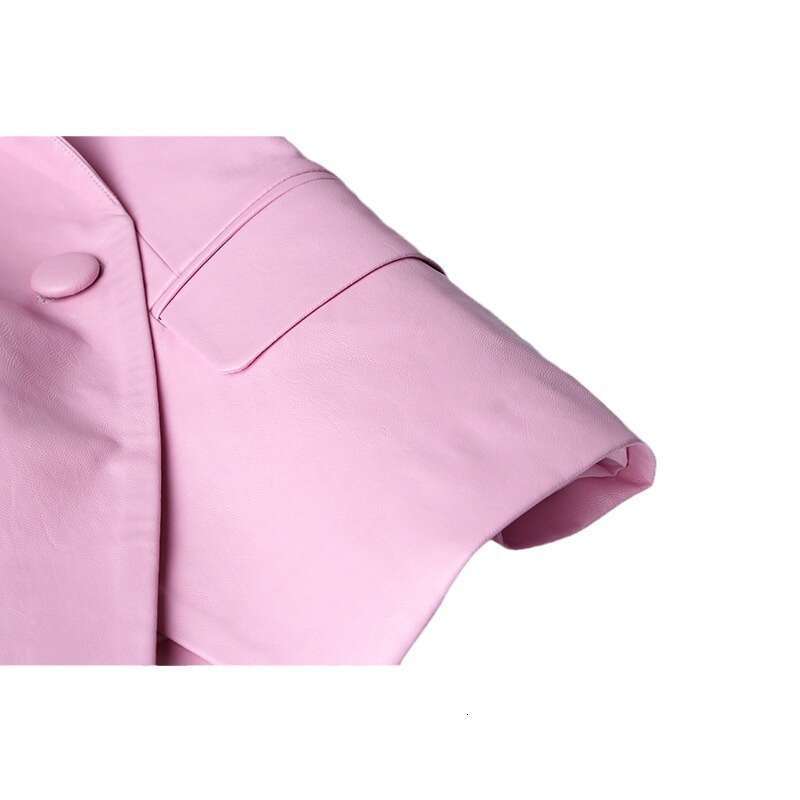 shanshi leather jacket women Spring and Autumn Pink Slimming Temperament Commuter Collar Double breasted Solid Color Long sleeved Suit PU Leather Jack