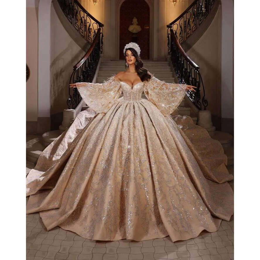Wedding Princess Dresses Beading Illusion Sleeve Sweatheart Dress Fluffy Bride Gown 6660311