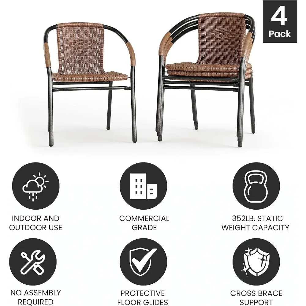 Lila 4 Pack Medium Brown Rattan Indoor-Outdoor Restaurant Stack Chair | Versatile and Stylish Seating Recliner Beach Chairs