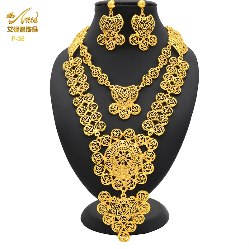 Gold ANIID Dubai Plated Jewelry Sets Wedding African 2PCS Necklace Earrings Set For Women Nigerian Indian Bridal Party Gifts smile