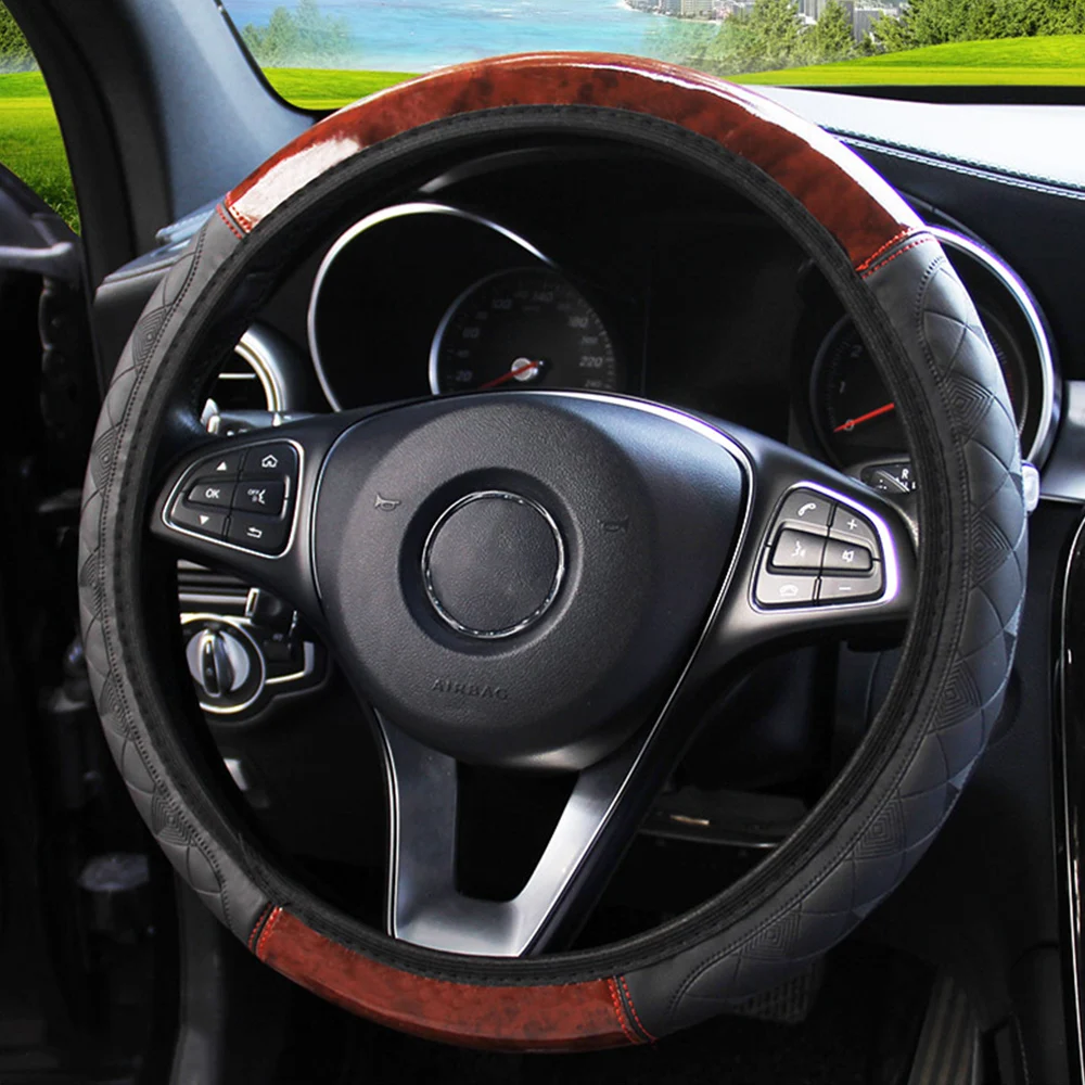 Steering PU ddmysmile Covers Leather Interior Accessories Car Steering Wheel Cover Wooden Pattern Smile