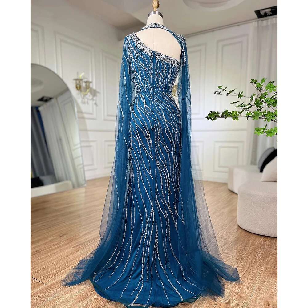 Serene Hill Black Mermaid Cape Sleeves Beaded Evening Dresses Gowns Arabic Party LA Customized