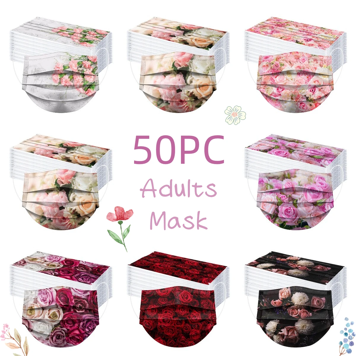 Flowers Disposable 50pcs Adults Mask 3ply Floral Print Mask Mascarillas Spring Mouth Cover Masque Halloween Cosplay Mascherine smile