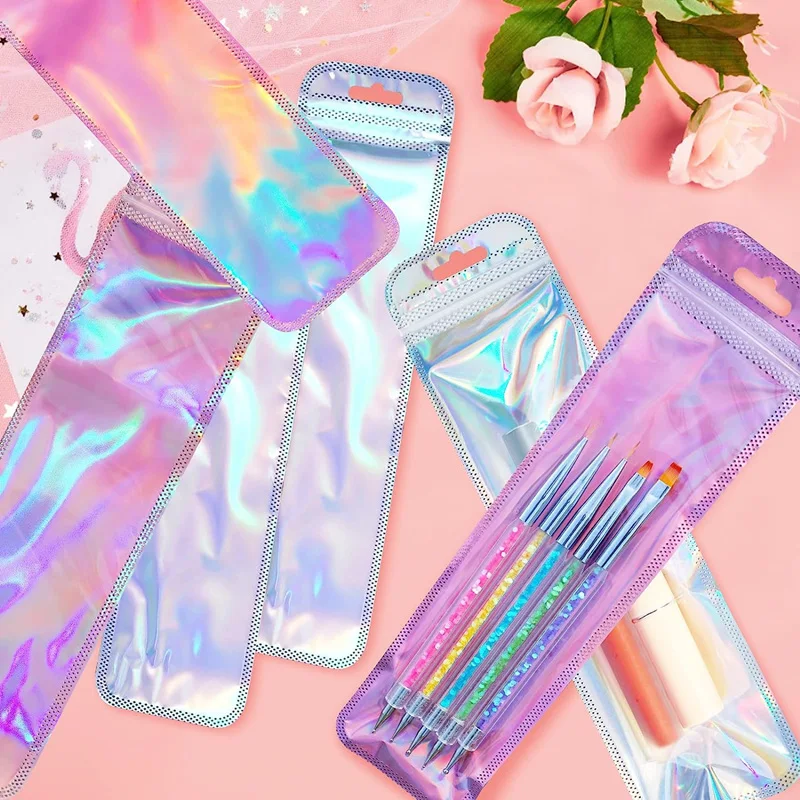Zipper 200Pcs Mix Rainbow Pouch Long Holographic Plastic Resealable Mylar Pouch Gift Pen Packaging Bags Jewelry Necklace Baggies smile