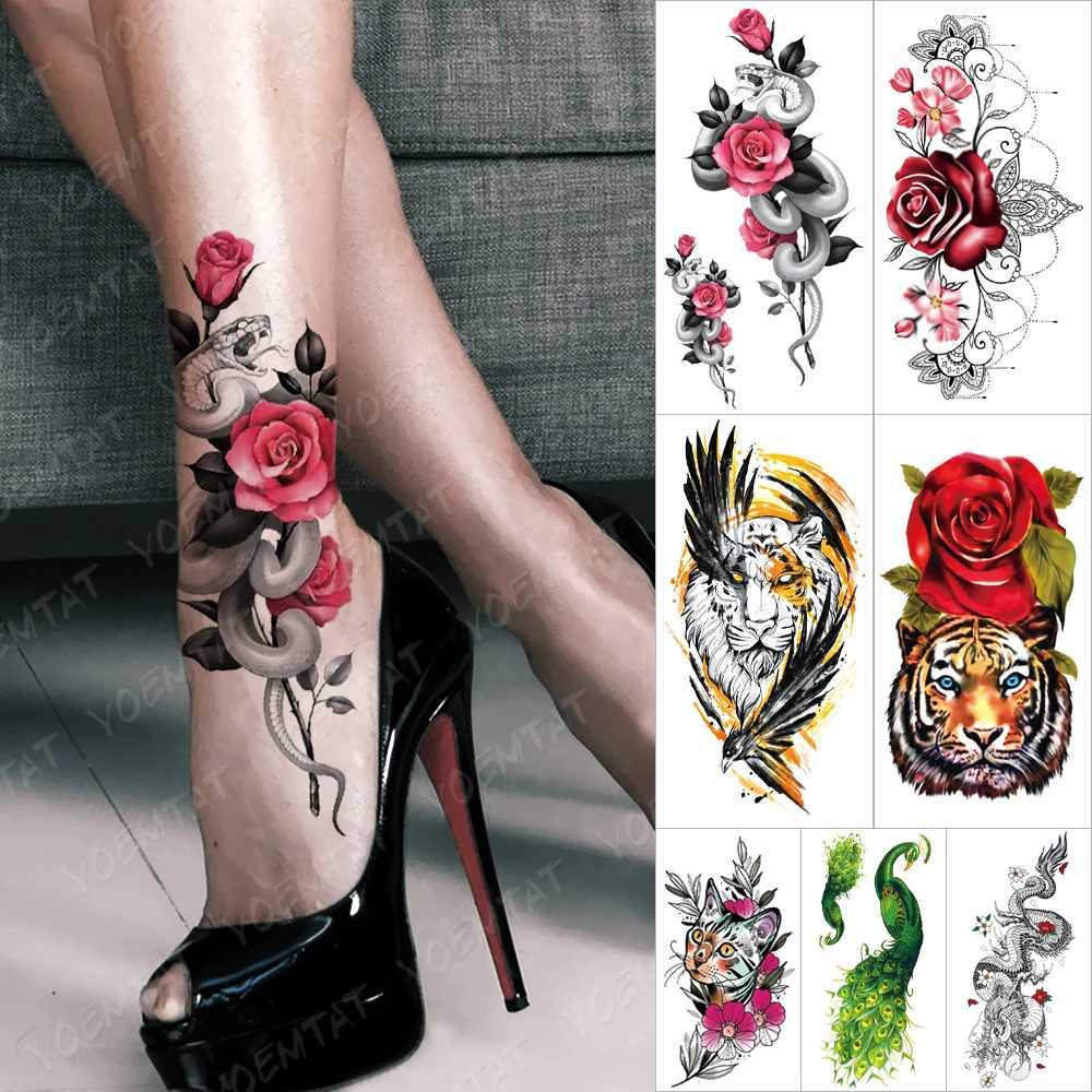 Waterproof temporary tattoo sticker rose snake flower tattoo lace tiger dragon body art arm fake sleeve tattoo female W241109