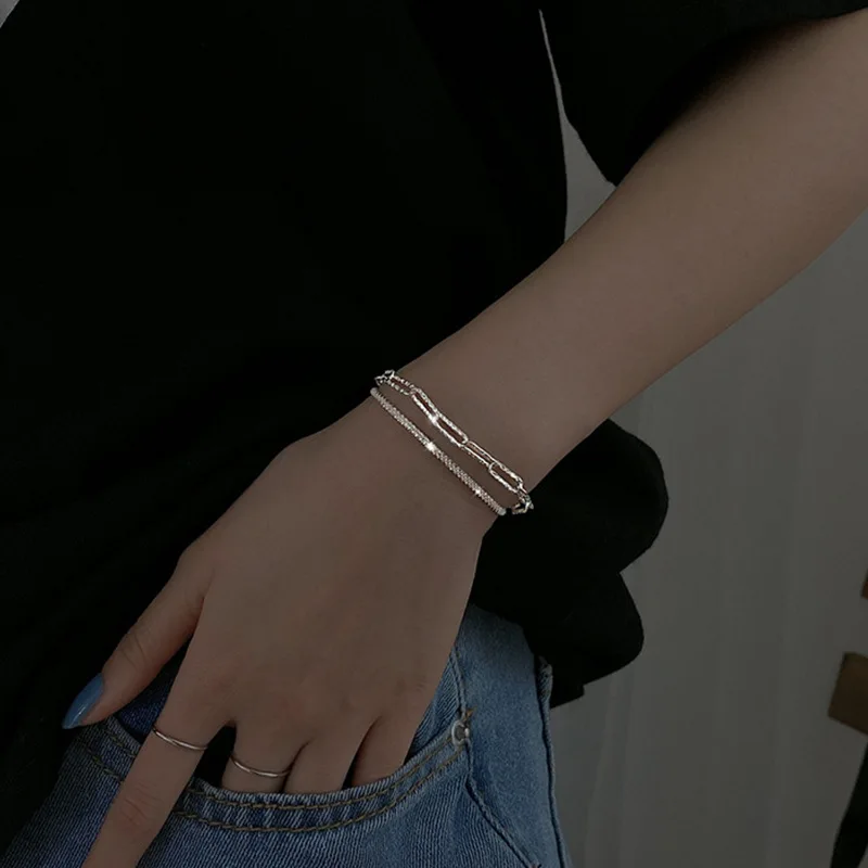 2025 New Fashionable Sier Colour Double Layer Bracelet Simple Ladies new Bracelet Delicate Jewellery Gift