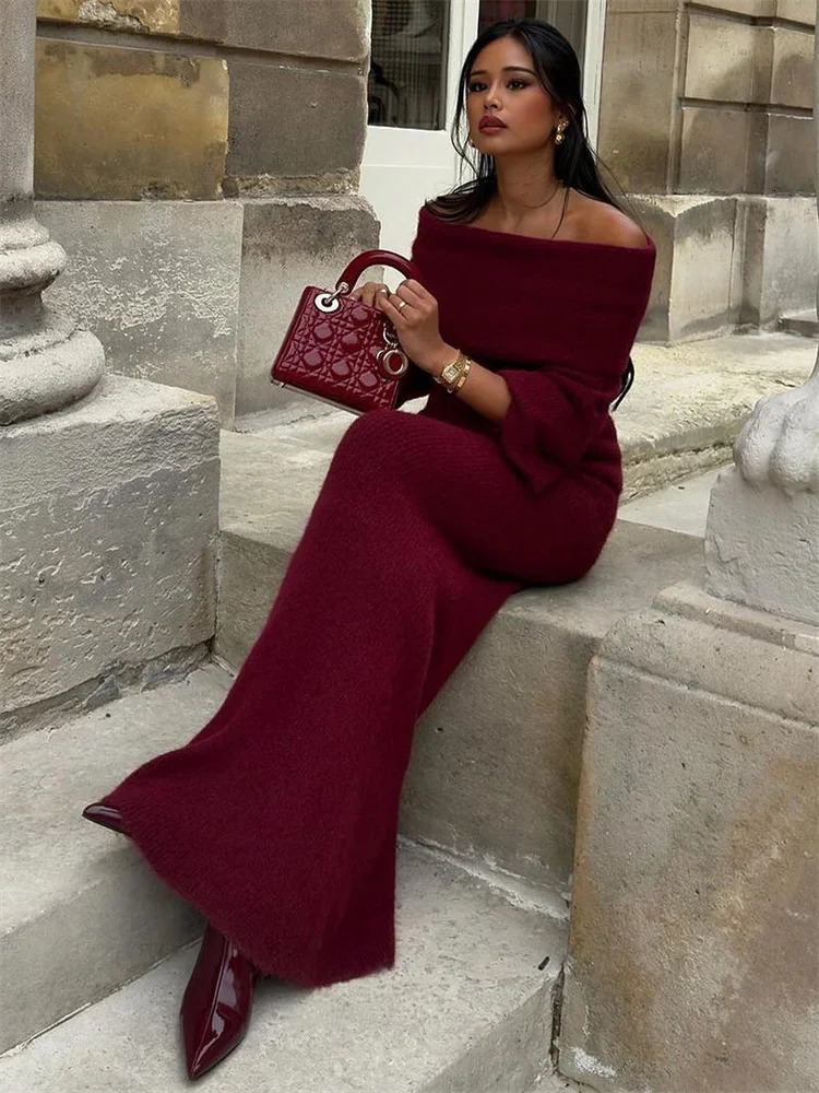 Tossy Winter Knitwear Sweater Long For Women Off-Shoulder Loose High Waist Slim Elegant Fashion Knit Ladies Dress 241108 C260312