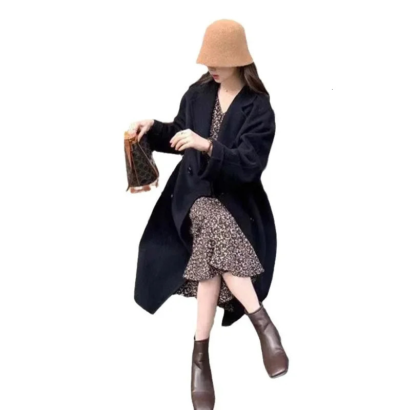 Double sided wool products medium length womens coat autumn and winter Korean knee length wool jacket 241108