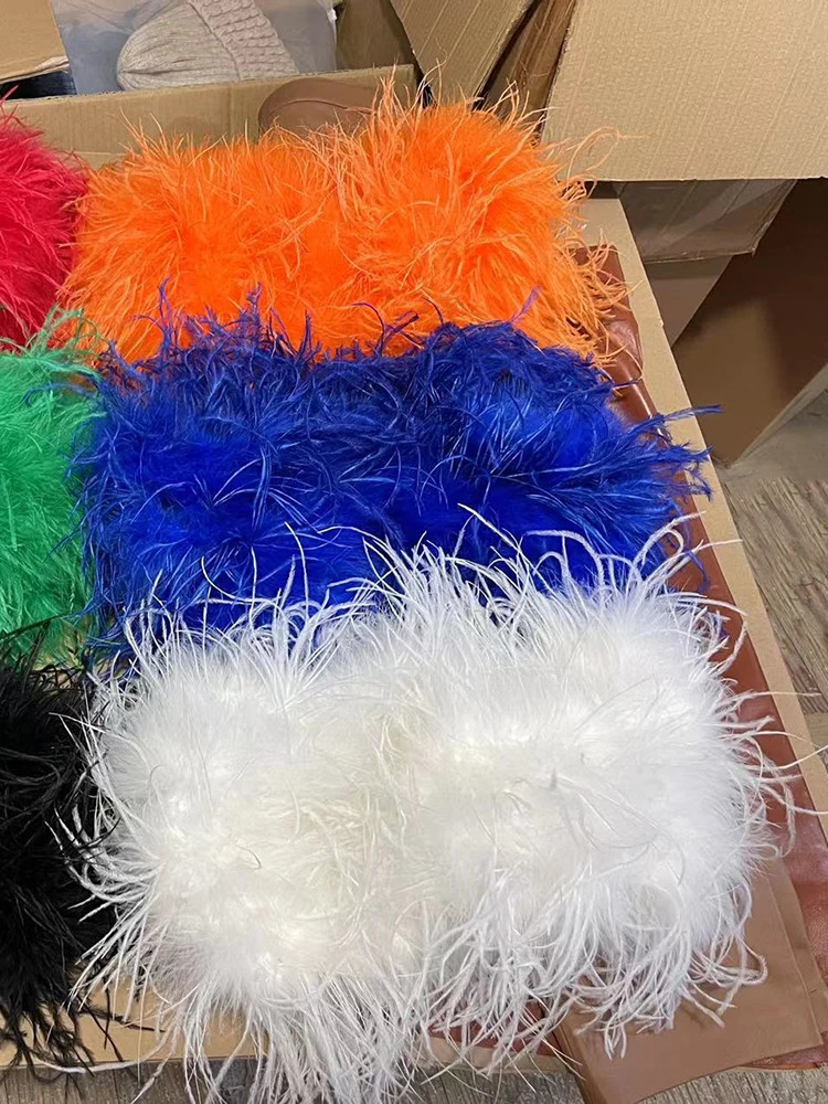 Spring Summer Club Ostrich Feather Elastic Top Bra Women Straples Turkey Bustier Wedding Lady Party Wrap Shirt S8638C 241108