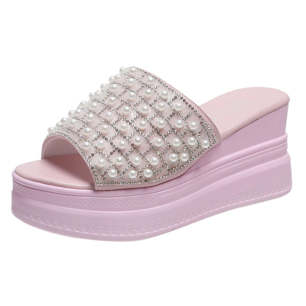 2024 Summer New Style Outward Wearing Matsu Cake Thick Sole High for Women's Sequin Pearl Slop Heel Cool Slippers ddmythur