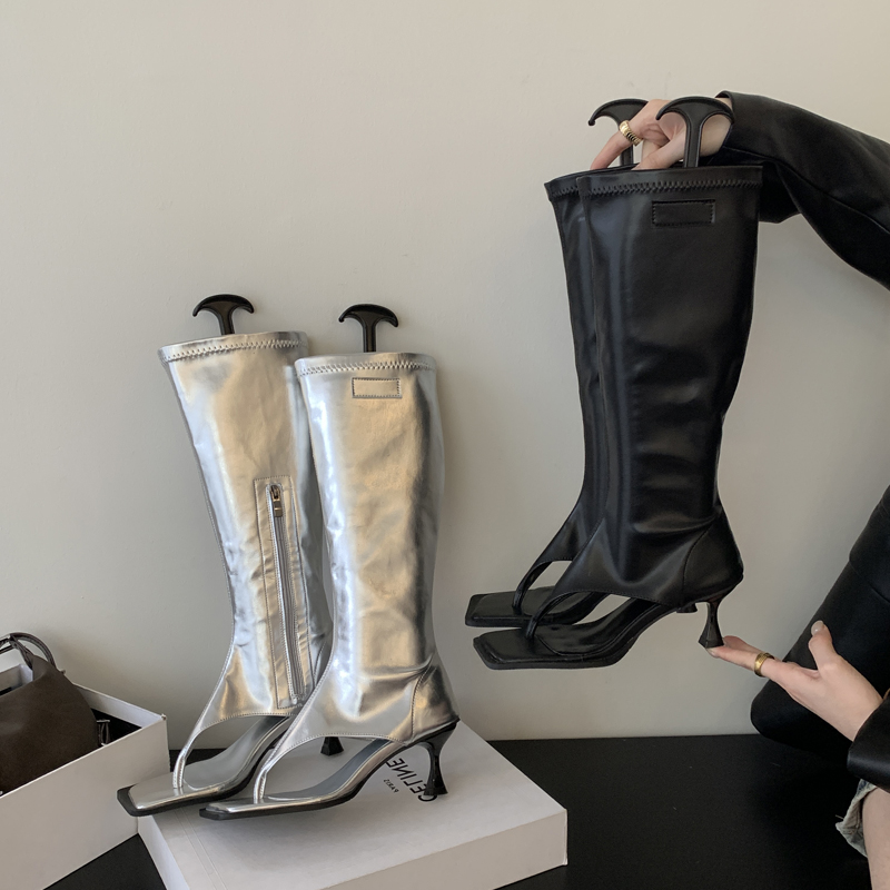 Eilyken Silver Open Toe Clip-On Knee High Boots Women Modern Booties Thin Low Heels Side Zipper Spring Party Pumps Sandals Shoe