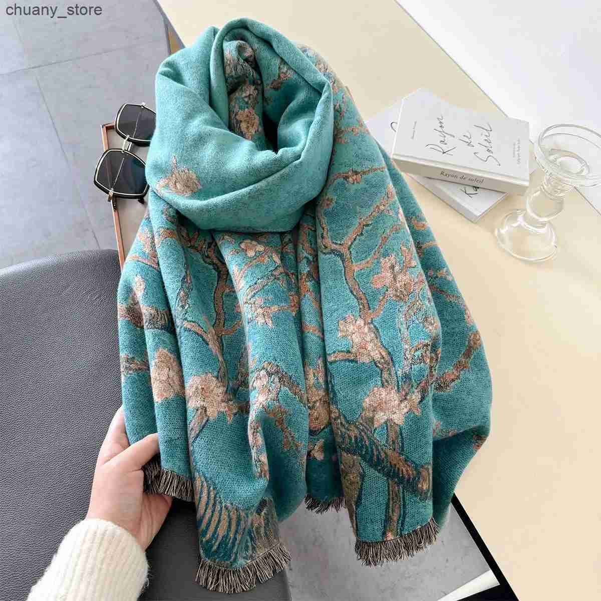 Scarves 2024 Retro Floral Print Thick Cashmere Scarf Women Winter Autumn Keep Warm Shawl Wraps Blanket Pashmina Poncho Tassels Bufanda L240910