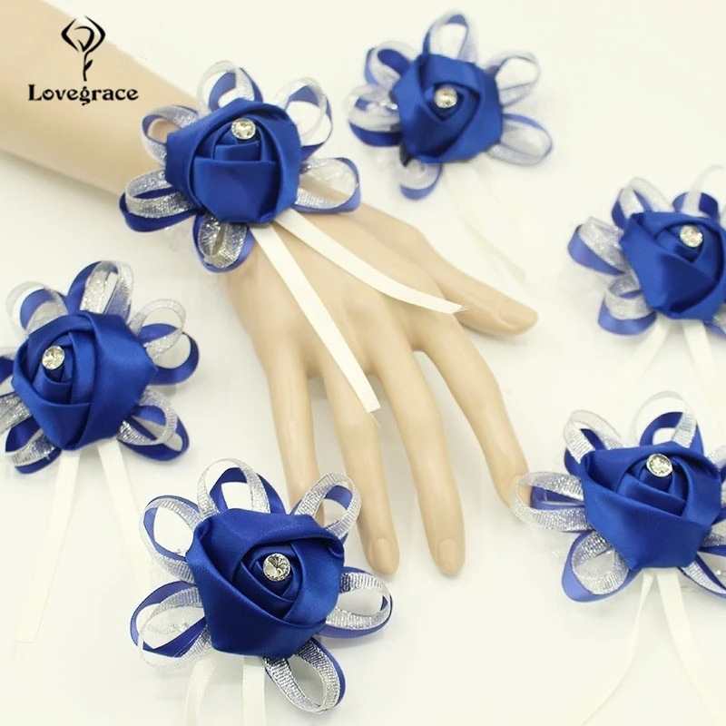 Wedding Flower Lovegrace Artificial Bridesmaid Bracelet Flower Silk Roses Blue Sister Bracelet Bridesmaid Party Prom smile