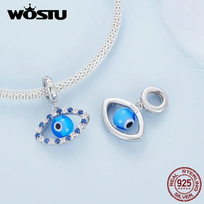 WOSTU 925 Sterling Silver Lucky Clover Grass Pendant Devil's Eye Hanging Bead Fit Original Bracelet Women DIY Fine Jewelry Gift