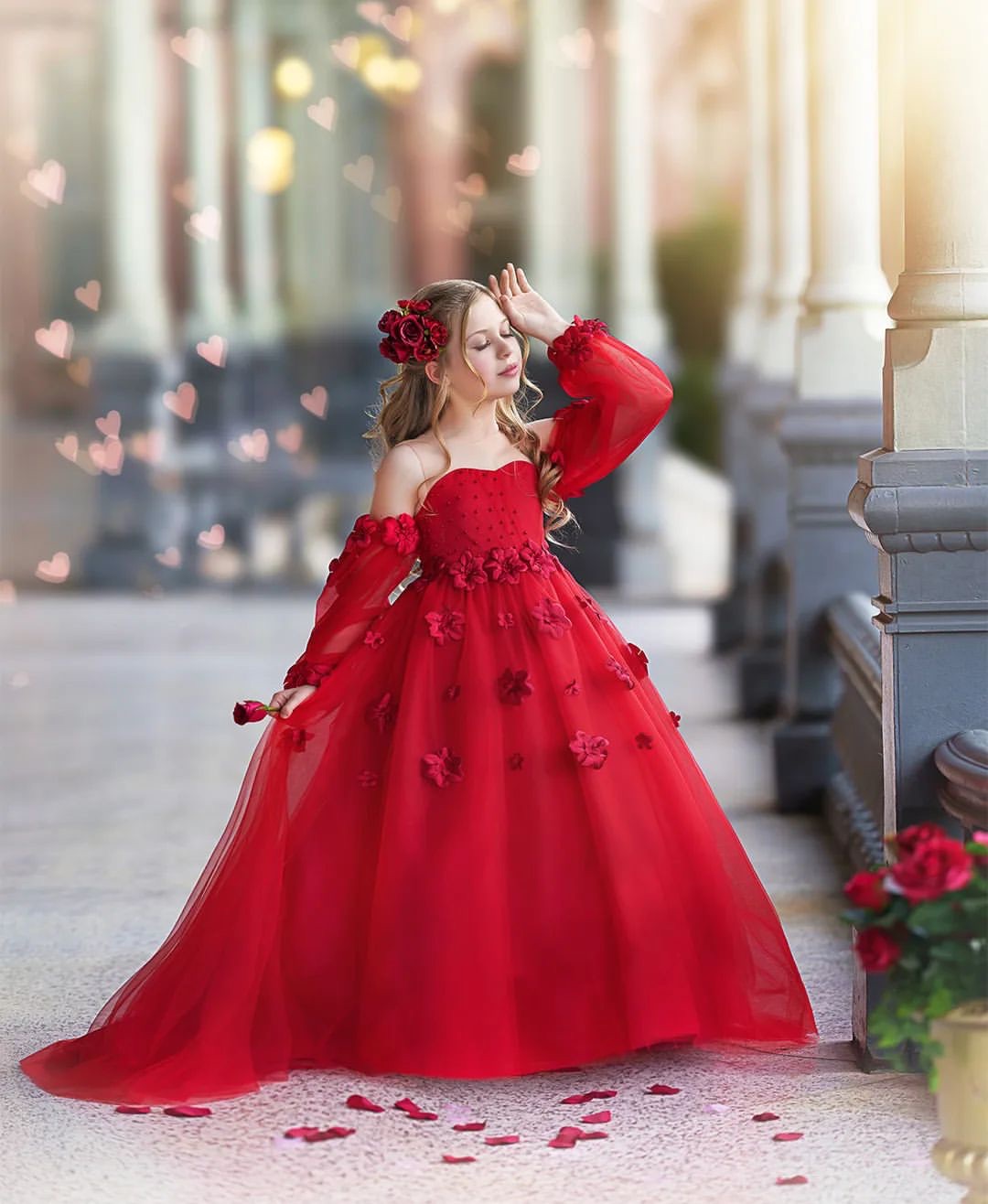 Red Flower Girls Dresses Sheer Jewel Long Sleeves Girl Pageant Gowns Toddler First Communion Dress Floor Length Appliqued Kids Formal Wear 0515