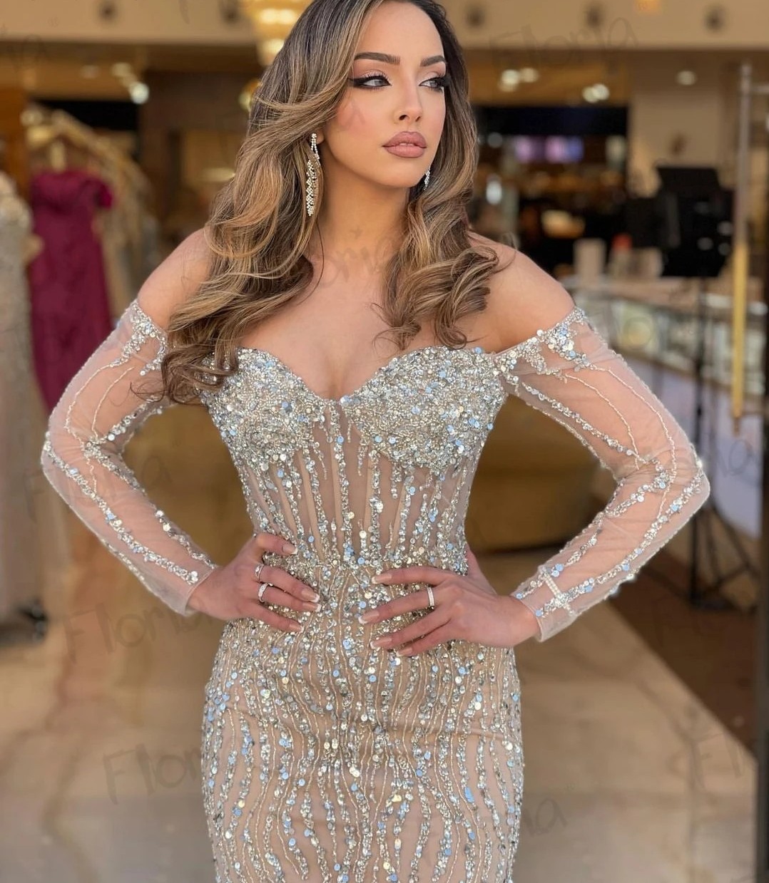 2024 Champagne Mermaid Prom Pageant Dress Off The Shoulder Sleeves Beads Crystal Birthday Evening Party Gowns Robe Soiree Vestidos De Gala