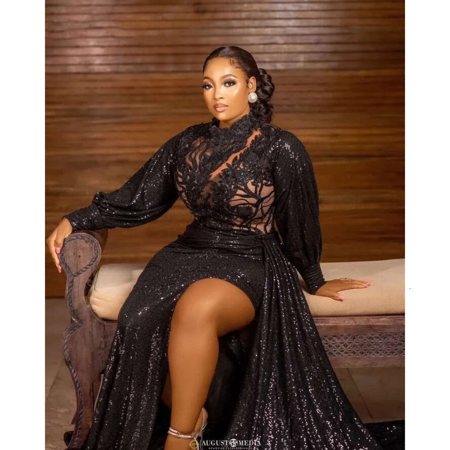 Elegant Black Sequins Prom Dresses For African Women High Neck Long Sleeve Applique Plus Size Formal Birthday Party Evening Gowns Abendkleider Mal D03