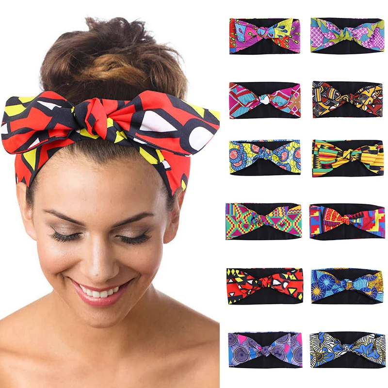 new Women Elastic Hair 2025 Band Satin Lined Bows Turban Headwrap Knotted Style Hairbands African Pattern Print Headband Hair Accessories