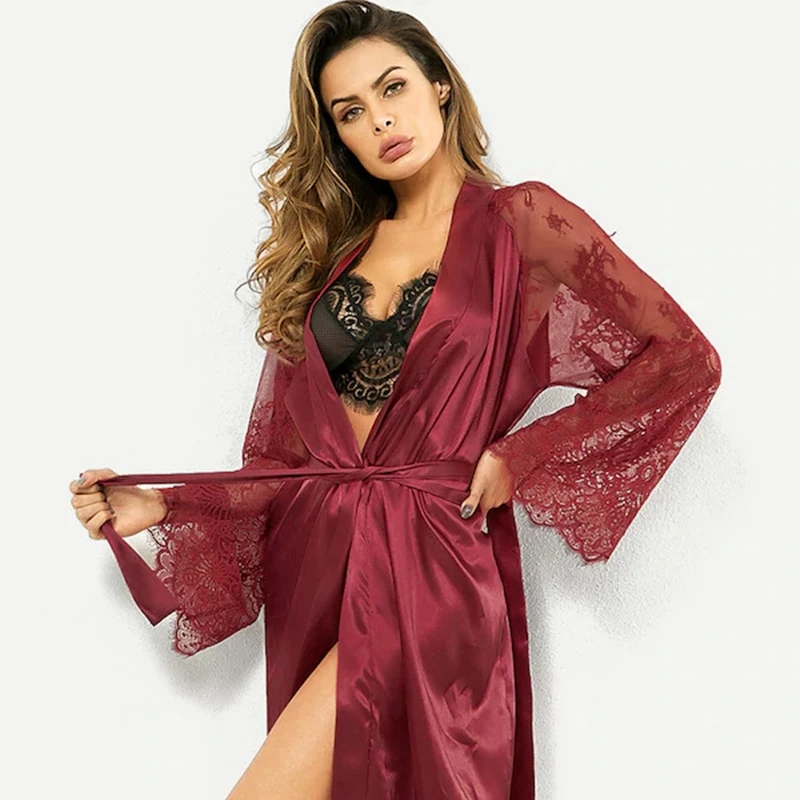 Wedding Dressing Gown Sexy Women Long Satin Bride Robes Lace Silk Kimono Bathrobe Bridesmaid Nightwear See Through Sleepwear smile