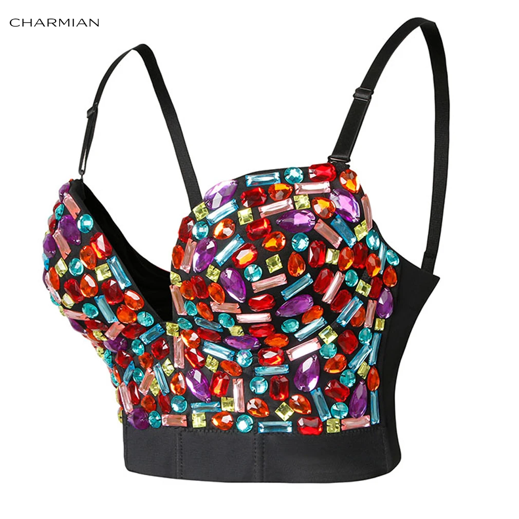 Crop Charmian Clubwear Party Top Bra Women's Sexy Punk Push Up Spaghetti Straps Rhinestone Beaded Studded Party ddmysmile Bustier Bra Tops Smile